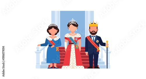 Royal Family Portrait: King, Queen, and Princess in Formal Attire