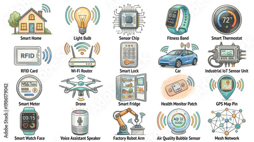 Smart home and digital technology icons set with house, devices, car, drone, thermostat and security systems in detailed hand drawn style isolated on white background