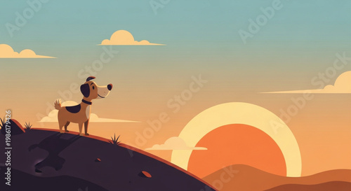A silhouette of a person and a camel in the orange desert landscape during a summer sunset with a horse traveling alone toward the mountain hills under a cloudy evening sky