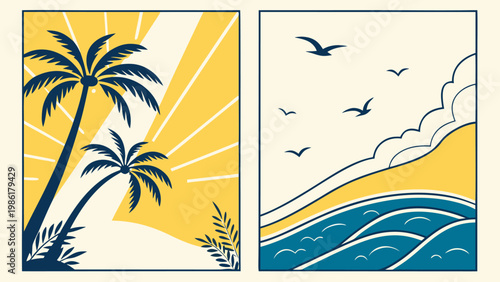 Stylized tropical beach scenes with palm trees and ocean waves, evoking a sense of vacation and relaxation.