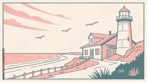 Serene coastal landscape with a lighthouse guiding ships at sea under a soft sky.