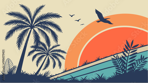 Vibrant retro sunset over a tropical beach with palm trees and a soaring bird.