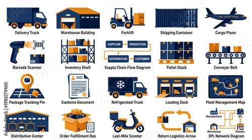 Logistics and warehouse delivery icons set with truck, forklift, shipping container, airplane, barcode and cargo workflow in detailed hand drawn style isolated on white background
