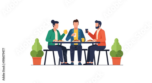 Group of People Socializing and Using Smartphones at Outdoor Table