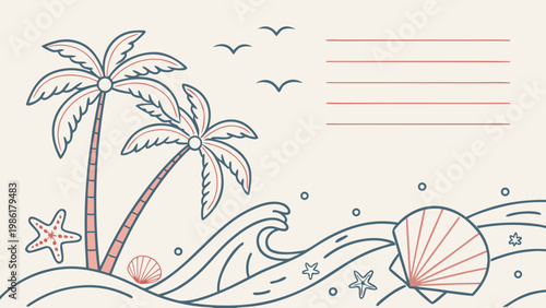Tropical beach scene with palm trees, waves, and seashells, evoking a peaceful summer vacation vibe.