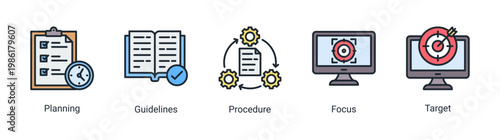 Planning basics icon set with workflow,guidelines,and goal-oriented concepts.Ideal for strategy,management,and business planning visuals.