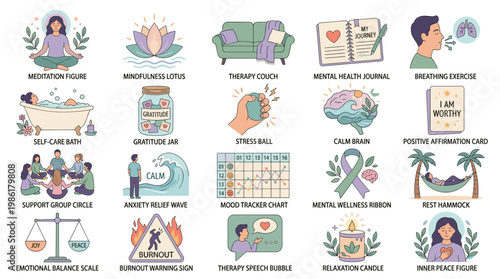 Mental health awareness and self care infographic set with meditation, therapy, support, stress relief and wellness symbols in soft pastel hand drawn style isolated on white background
