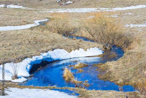 small brook flow among spring prairie
