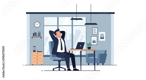A successful businessman in a formal dark suit takes a peaceful moment to relax at his desk inside a modern corporate office with large windows and city views.