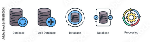Data handling icon set with database and processing elements.Perfect for data management,storage,and digital system applications.