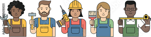 Diverse construction workers and manual laborers set, professional tradespeople holding tools, flat line art vector of multiethnic repair team