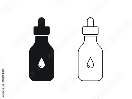 Minimal Cosmetic Serum Dropper Bottle Icon Set – Liquid Medicine / Oil Bottle Vector, Solid & Outline Style