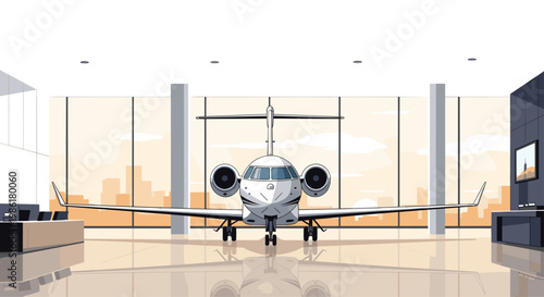 A pristine white private jet stands stationary inside a luxurious airport terminal lounge featuring expansive glass windows and a warm golden sunset color palette.