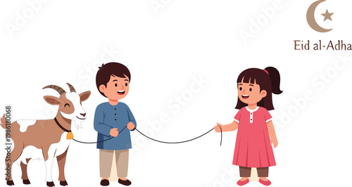 Eid al-Adha celebration vector illustration, happy Muslim children with sacrificial goat, Islamic holiday greeting card with crescent moon and star