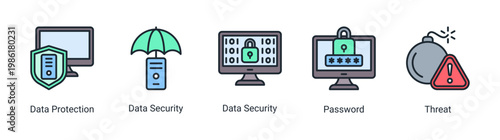 Security layer icon set with data protection,password,and threat elements.Ideal for cybersecurity and digital protection designs.
