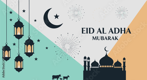 Eid Al Adha Mubarak greeting banner, Islamic festival background with mosque silhouette and lanterns, religious celebration vector with crescent moon