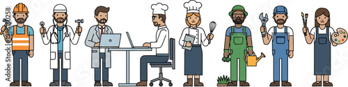 Professional workers and diverse occupations set, flat line art characters representing different careers, labor day industry employees vector illustration