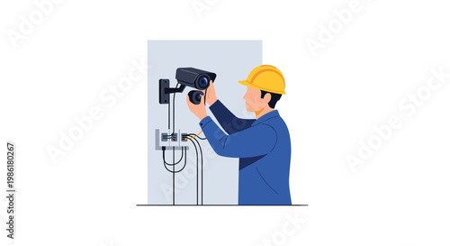 A professional technician wearing a bright yellow safety helmet and blue work uniform carefully installs a black surveillance camera onto a neutral gray wall.