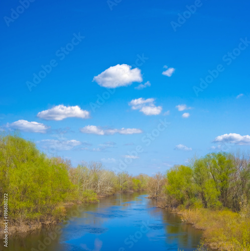 calm blue river flow among green spring forest