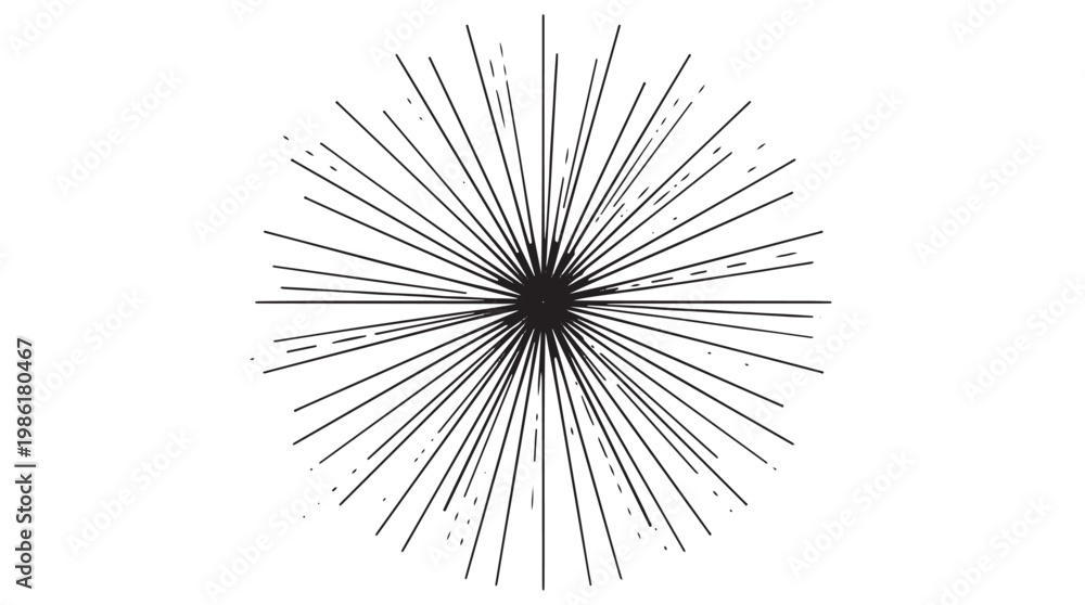 Fototapeta premium Black and white vector illustration of a starburst design with radial lines emanating from a central point on a plain white background