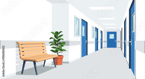 A bright hospital waiting area corridor features a natural wooden bench and a potted green plant positioned next to several blue patient doors.