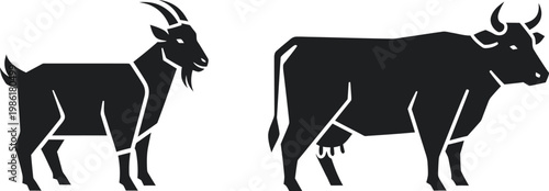 Minimalist farm animal silhouettes, black goat and cow vector icons, geometric livestock illustrations for dairy and meat industry branding