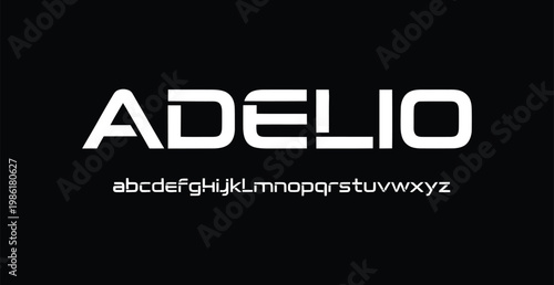 A modern font design featuring the name Adelio and the alphabet in white on a black background