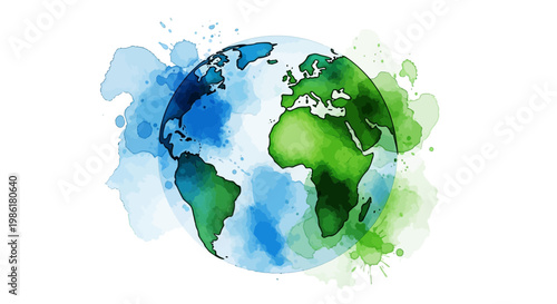 Watercolor Earth illustration, featuring vibrant blue and green tones. Represents global unity, environmental care, and the interconnected beauty of our planet