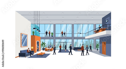 Diverse business professionals navigate a spacious and bright contemporary office lobby featuring expansive glass windows and a stylish multi-level architectural layout design.