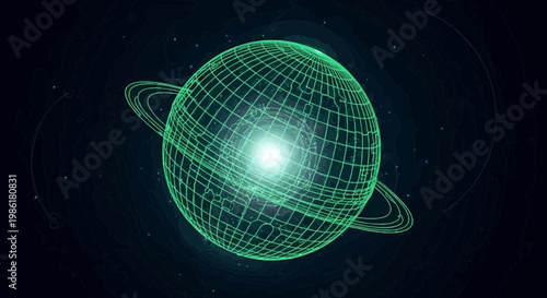 Abstract glowing green wireframe sphere with orbital rings in a dark cosmic background, representing global data networks, technological innovation, and future scientific exploration