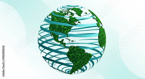 Abstract Representation of Planet Earth with Greenery and Swirling Blue Lines on a Light Blue Gradient Background