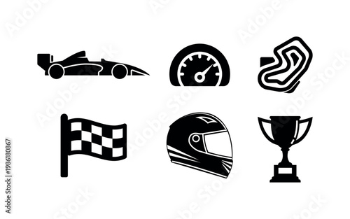 Racing and motorsport black silhouette icon set isolated on white. Includes race car, helmet, checkered flag, speedometer, track, and trophy.