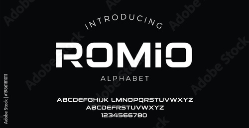 Introducing the Romio alphabet font on a black background with white text