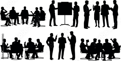 Black silhouettes of professionals in office meetings, teamwork collaboration, corporate discussions, and business presentations with laptops, documents, and flip charts