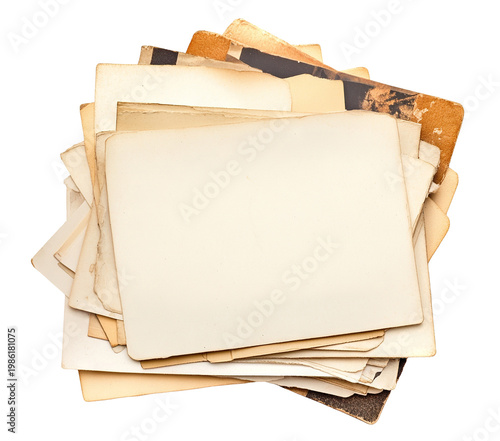 Stack of vintage blank photo prints and old photographs, isolated on transparent cutout background