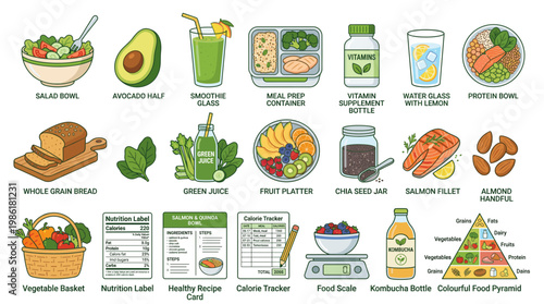 Healthy food and nutrition infographic set with salads, juice, supplements, labels and diet benefits in colorful hand drawn style isolated on white background