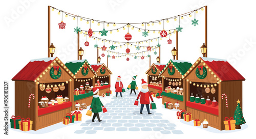 A vibrant outdoor Christmas market features rustic wooden stalls filled with festive treats and shoppers walking beneath a canopy of glowing holiday string lights.