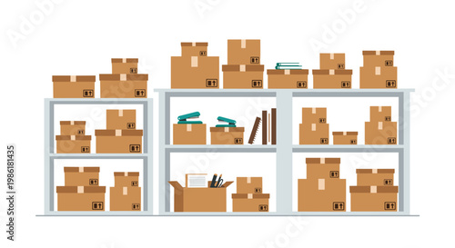 A well-organized storage warehouse features numerous brown cardboard boxes and office supplies systematically arranged on sturdy grey industrial metal shelving units.