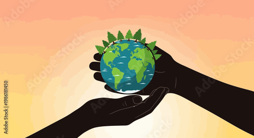 Hands cradling the Earth with a green canopy of trees and plants, symbolizing environmental protection and nurturing nature's beauty