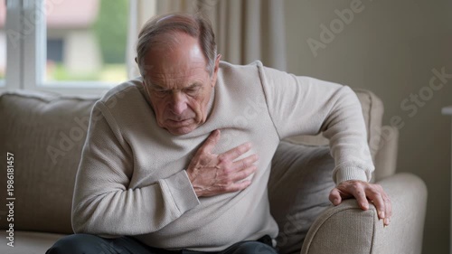Elderly man experiencing chest pain while sitting on a beige couch indoors