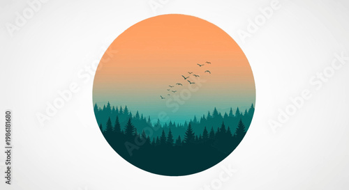 Minimalist circular illustration of a flock of birds flying over a dark green pine forest at sunset with an orange and teal sky