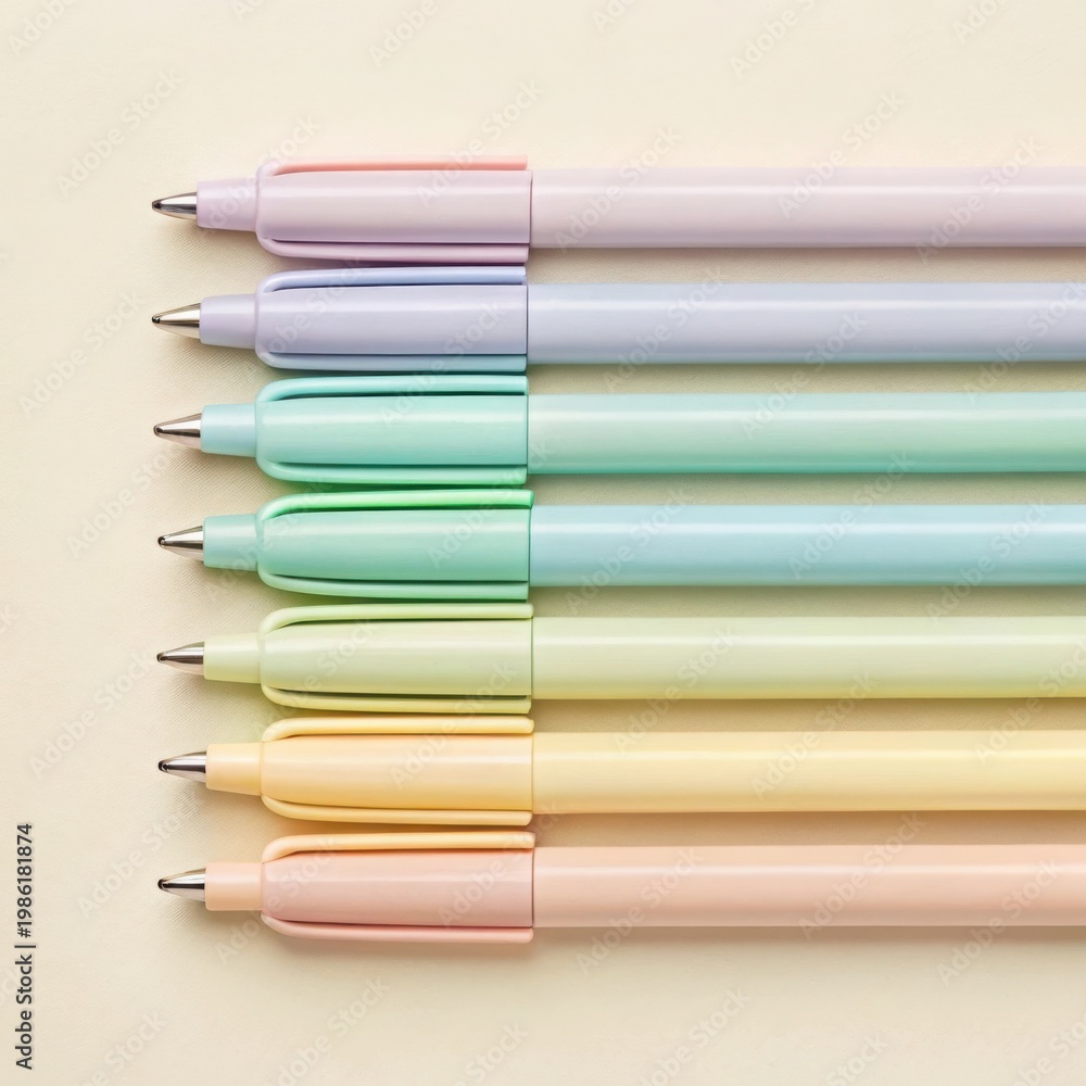 Fototapeta premium Collection of pastel colored pens arranged in a neat row