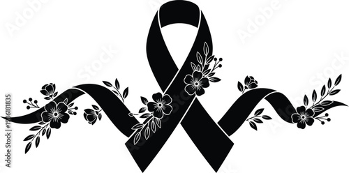 Black awareness ribbon with floral isolated on white