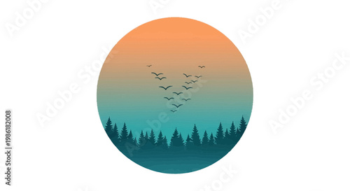 A serene gradient sunset with a flock of birds flying over a dark evergreen forest landscape