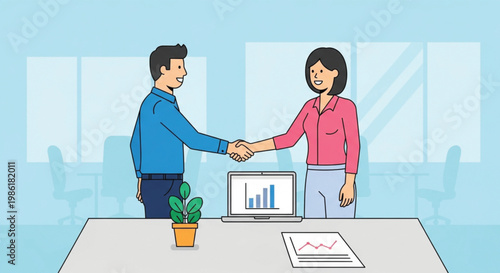Smiling businessmen in suits perform a professional handshake during a successful office meeting team teamwork illustration 