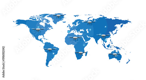 Global drone delivery network illustration featuring a blue world map with multiple unmanned aerial vehicles positioned over various continents and glowing light nodes.