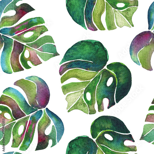 Seamless watercolor pattern with tropical monstera leaves in vibrant green tones. Hand-painted botanical design on a light background, perfect for textiles, wallpaper, and summer decor.