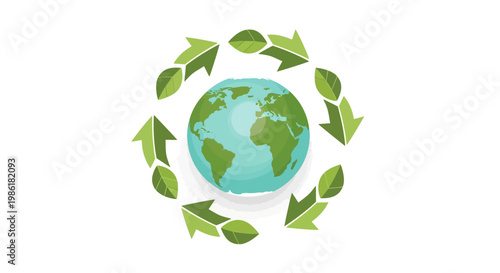 Illustration of a planet earth surrounded by a circular arrow of green leaves, symbolizing environmental protection and recycling efforts