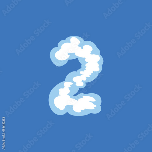 Creative cloud-style editable vector number 2. Soft puffy white text effect on blue background. Professional EPS for sky-themed graphic designs and numeric layouts. White Puffy Cloud Vector Number 2 .