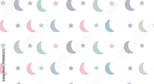 Pattern of pastel moons and stars on a white background signifies celestial dreams and peaceful slumber.